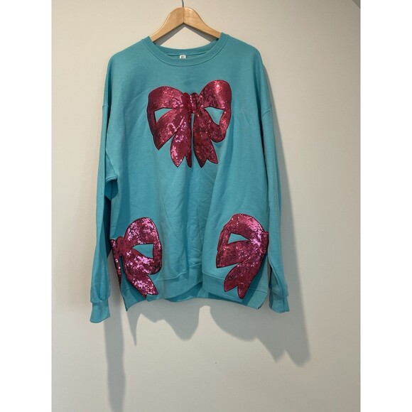 Blue 2 Sweaters - Jeezbees Blue Sweatshirt With Pink Sequin Bow With Bow Slits On The Side Side 2X